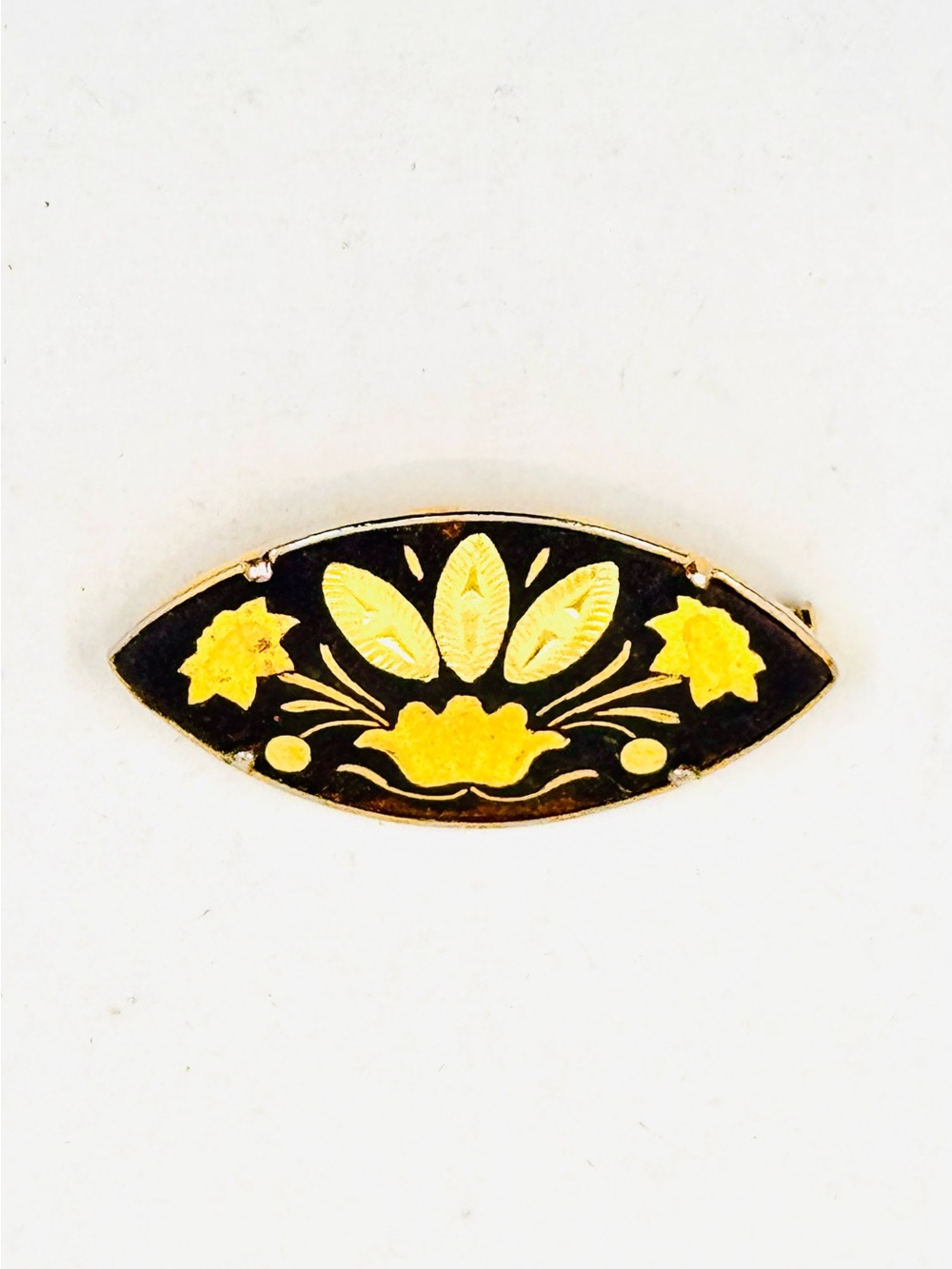 Vintage Damascene Gold Tone Black Floral Oval Fan Shaped Brooch Pin